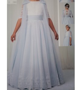 Vestido COMUNIÓN encaje y plumetti azul