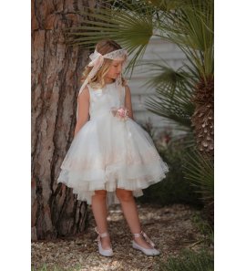 Vestido tul bordado rosa con organza