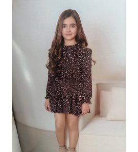 Vestido junior negro con flores burdeos