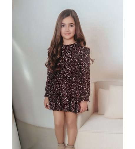 Vestido junior negro con flores burdeos