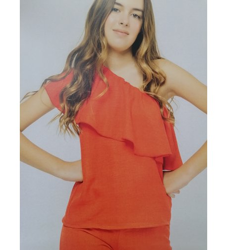 Conjunto coral top asimétrico volante+pantalón