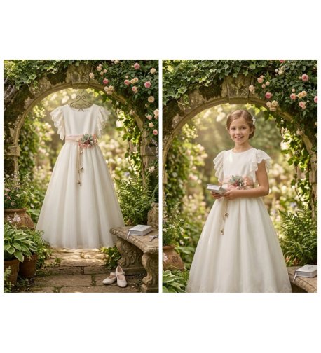 Vestido comunión faldar capas muselina marfil mangas caídas encaje