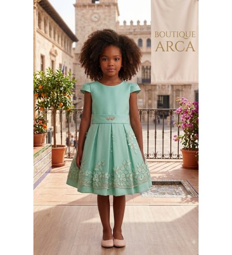 Vestido mikado tul bordado verde